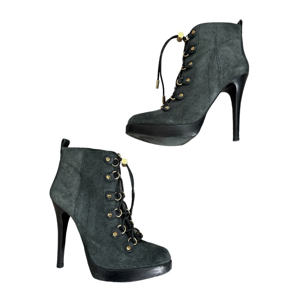 Tory Burch Hamila Lace Up Booties Suede Leather High Heel Platform Ankle Boots